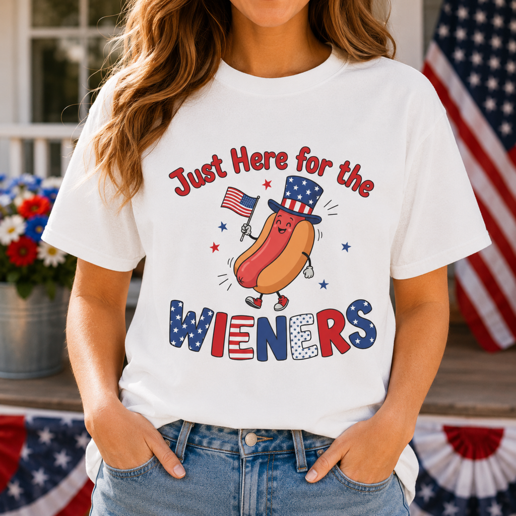 Just Here For The Wieners Unisex Comfort Colors Shirt | Funny 4th of July Hot Dog Shirt | Patriotic BBQ Shirt | Cute Independence Day Graphic Tee