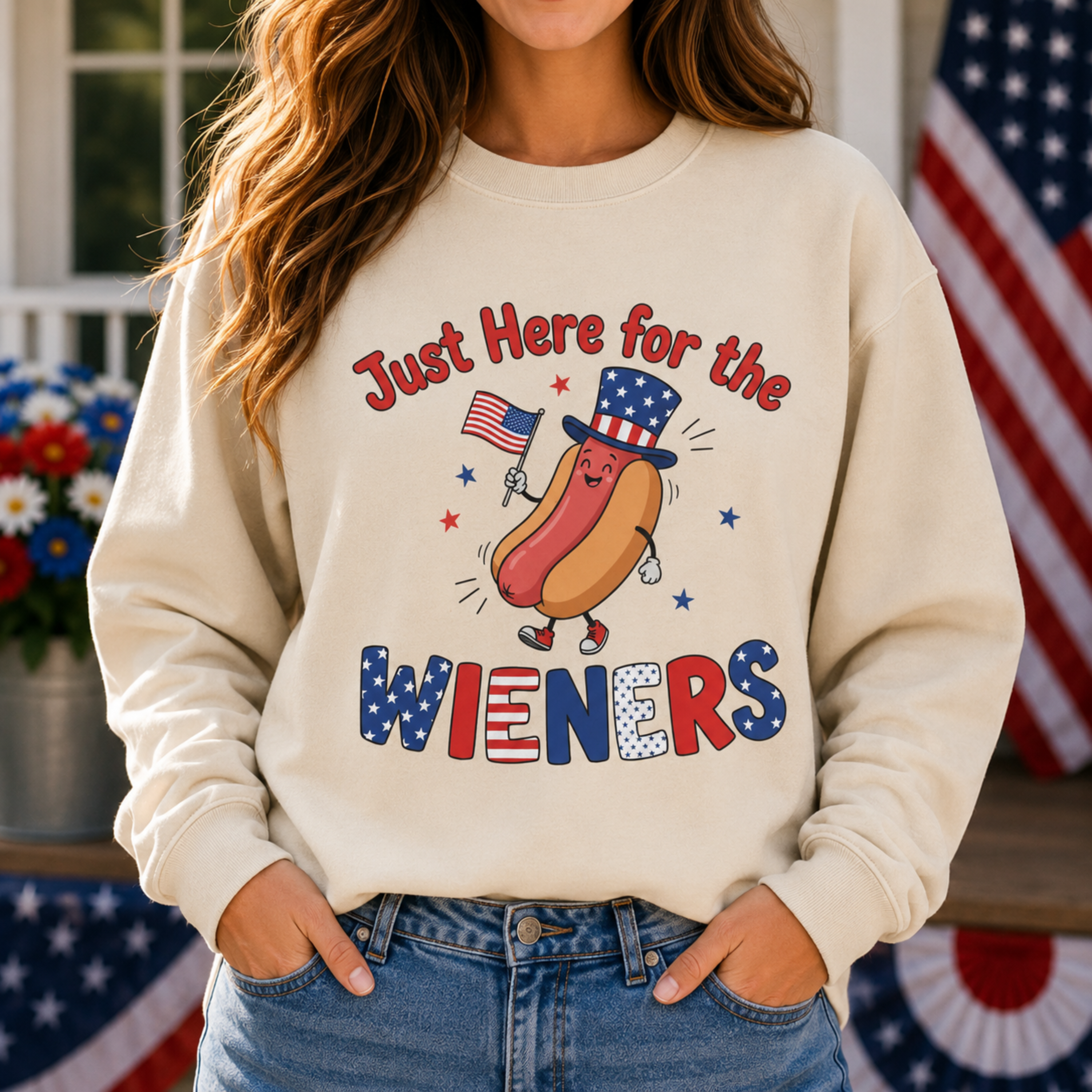 Just Here For The Wieners Unisex Sweatshirt | Funny 4th of July Crewneck | Patriotic Hot Dog Sweatshirt | Independence Day BBQ Sweatshirt