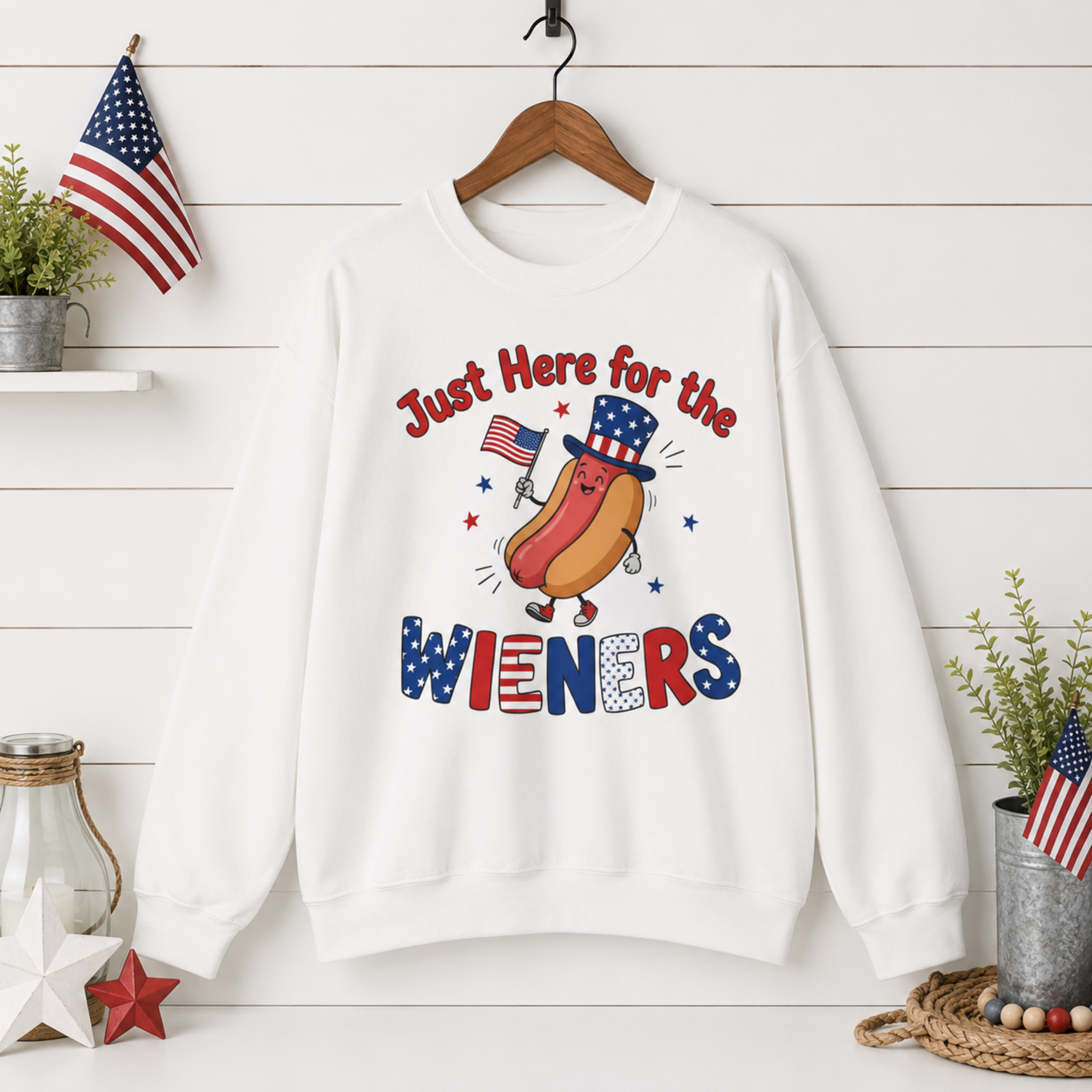 Just Here For The Wieners Unisex Sweatshirt | Funny 4th of July Crewneck | Patriotic Hot Dog Sweatshirt | Independence Day BBQ Sweatshirt