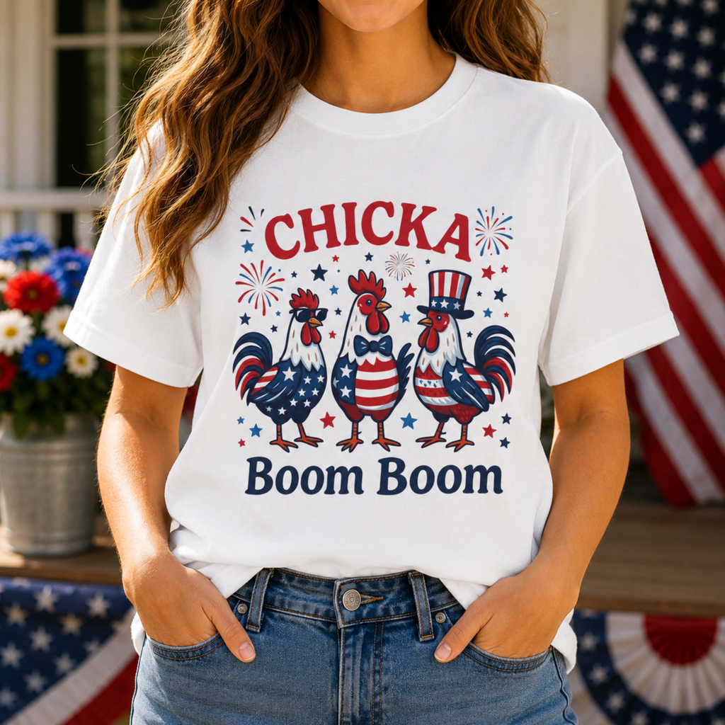 Chicka Boom Boom Unisex Comfort Colors Shirt | Funny Patriotic Chicken Shirt | 4th of July Rooster Tee | Farm Life Independence Day Shirt