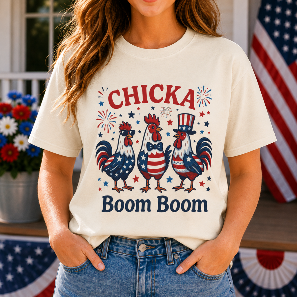 Chicka Boom Boom Unisex Comfort Colors Shirt | Funny Patriotic Chicken Shirt | 4th of July Rooster Tee | Farm Life Independence Day Shirt