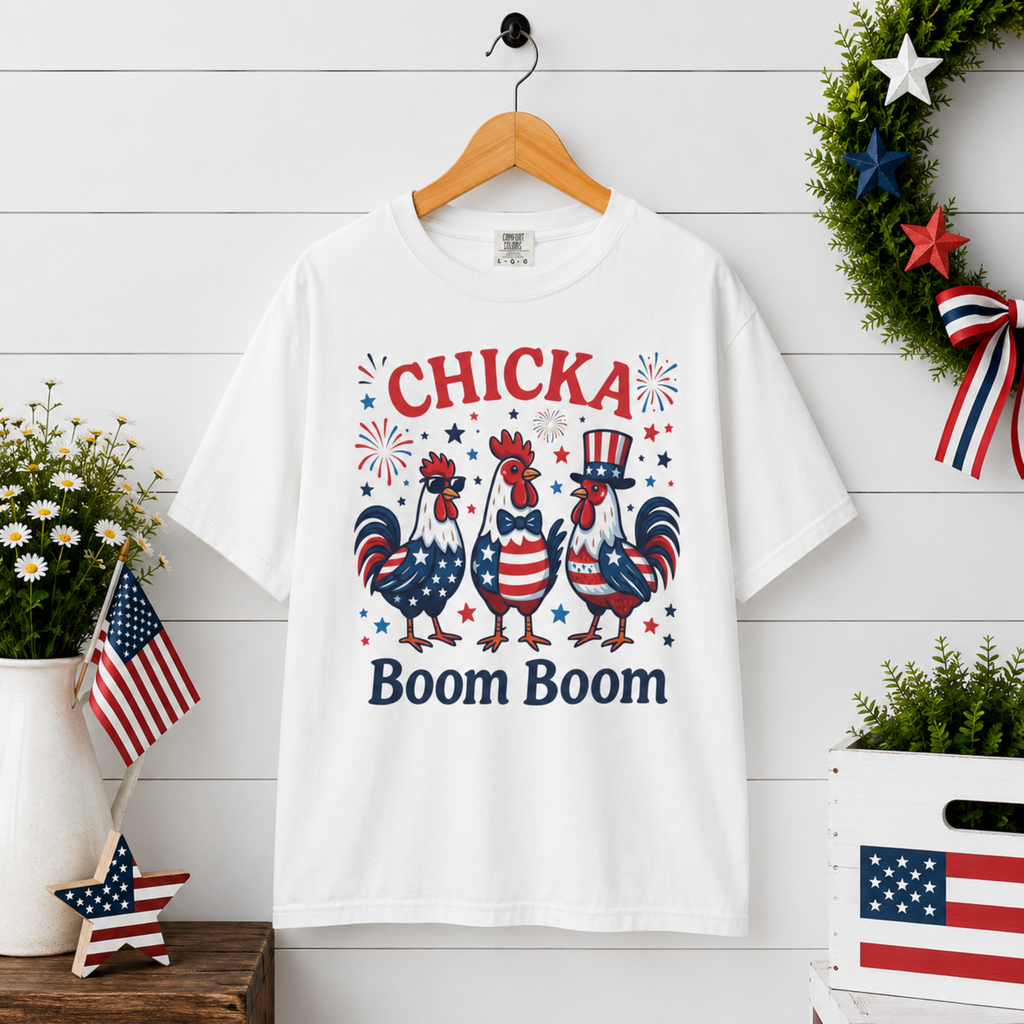 Chicka Boom Boom Unisex Comfort Colors Shirt | Funny Patriotic Chicken Shirt | 4th of July Rooster Tee | Farm Life Independence Day Shirt
