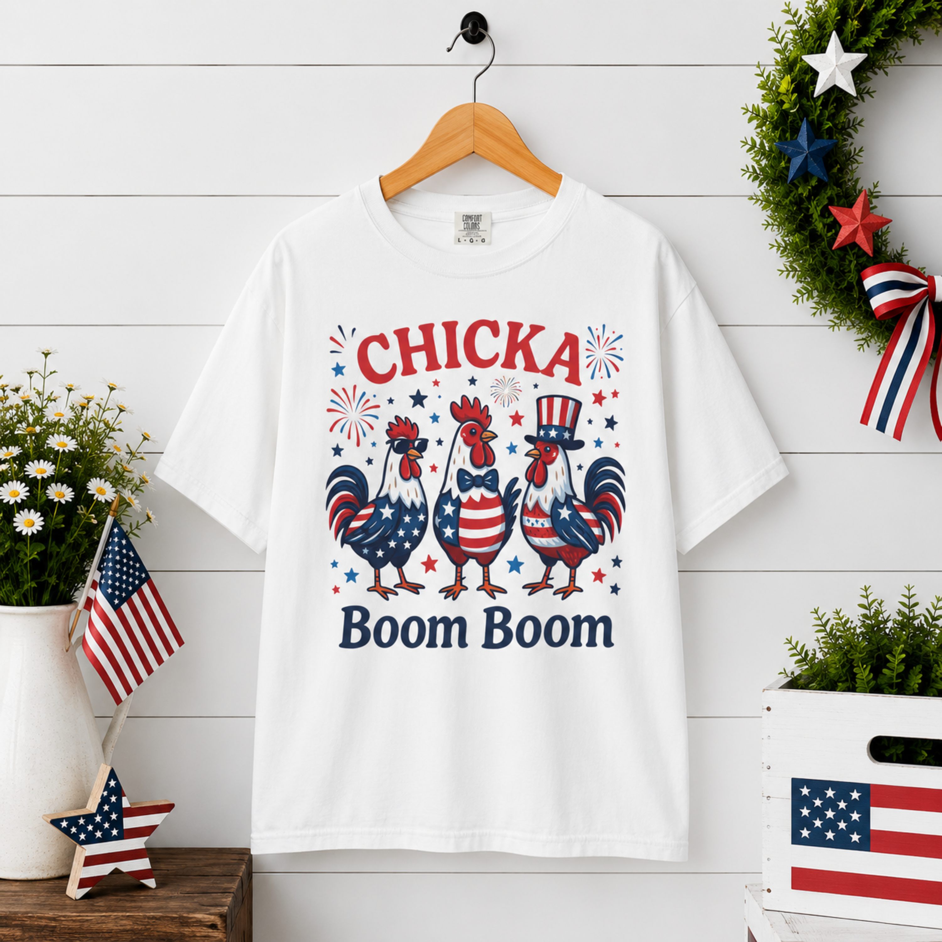 Chicka Boom Boom Unisex Comfort Colors Shirt | Funny Patriotic Chicken Shirt | 4th of July Rooster Tee | Farm Life Independence Day Shirt