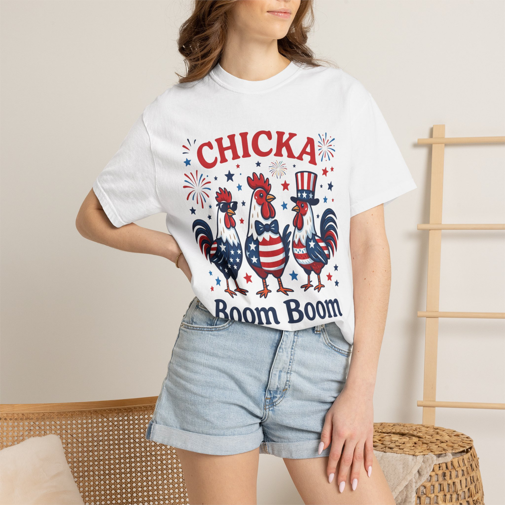 Chicka Boom Boom Unisex Comfort Colors Shirt | Funny Patriotic Chicken Shirt | 4th of July Rooster Tee | Farm Life Independence Day Shirt