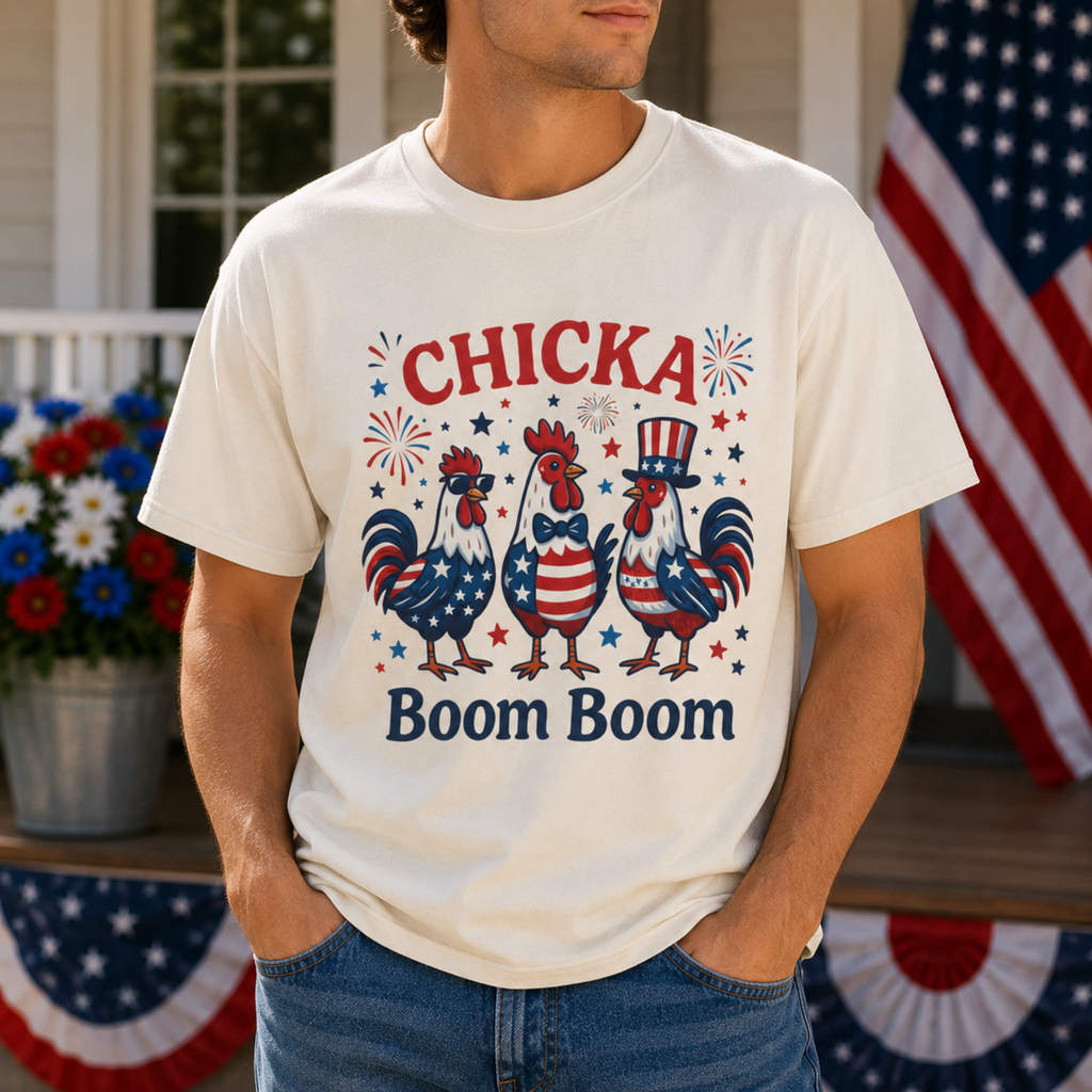 Chicka Boom Boom Unisex Comfort Colors Shirt | Funny Patriotic Chicken Shirt | 4th of July Rooster Tee | Farm Life Independence Day Shirt