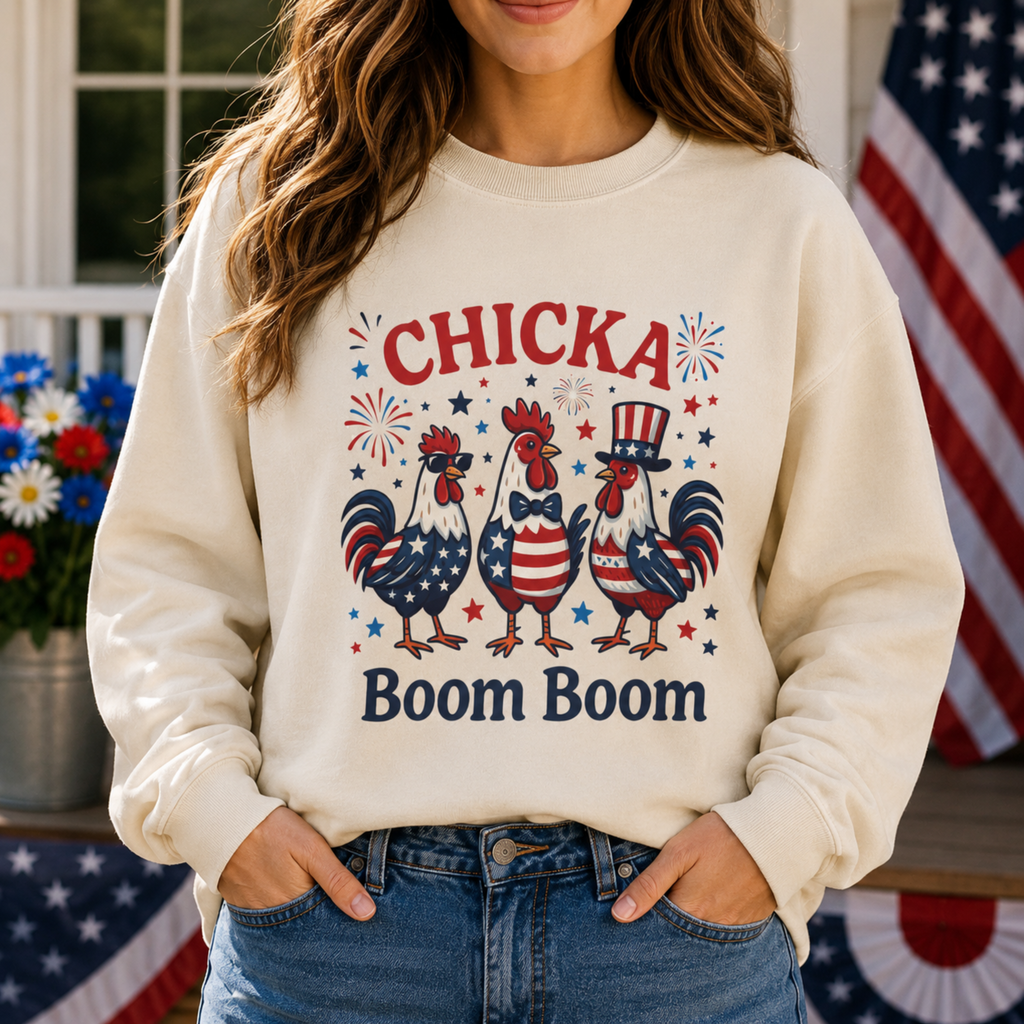 Chicka Boom Boom Unisex Sweatshirt | Funny Patriotic Chicken Shirt | 4th of July Chicken Shirt | Farm Life Independence Day Shirt