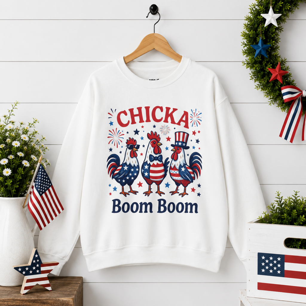 Chicka Boom Boom Unisex Sweatshirt | Funny Patriotic Chicken Shirt | 4th of July Chicken Shirt | Farm Life Independence Day Shirt