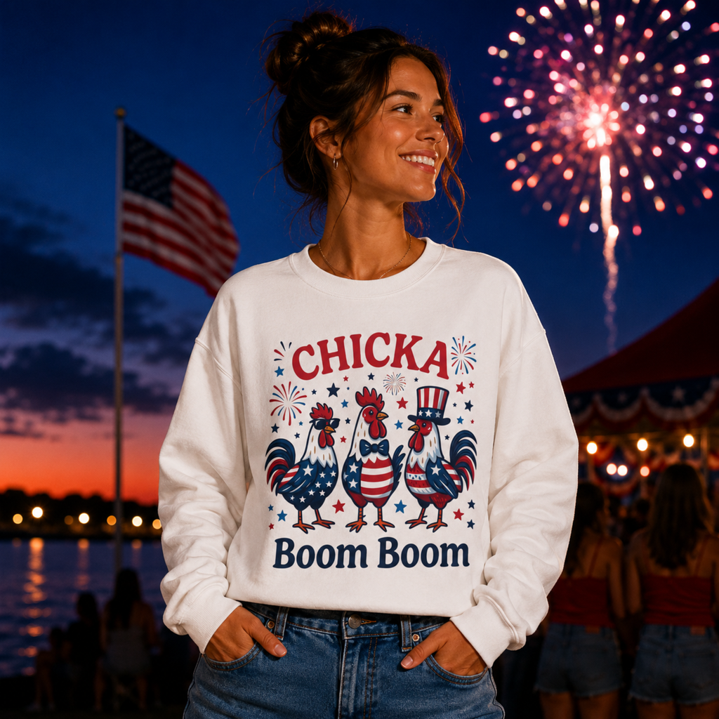 Chicka Boom Boom Unisex Sweatshirt | Funny Patriotic Chicken Shirt | 4th of July Chicken Shirt | Farm Life Independence Day Shirt