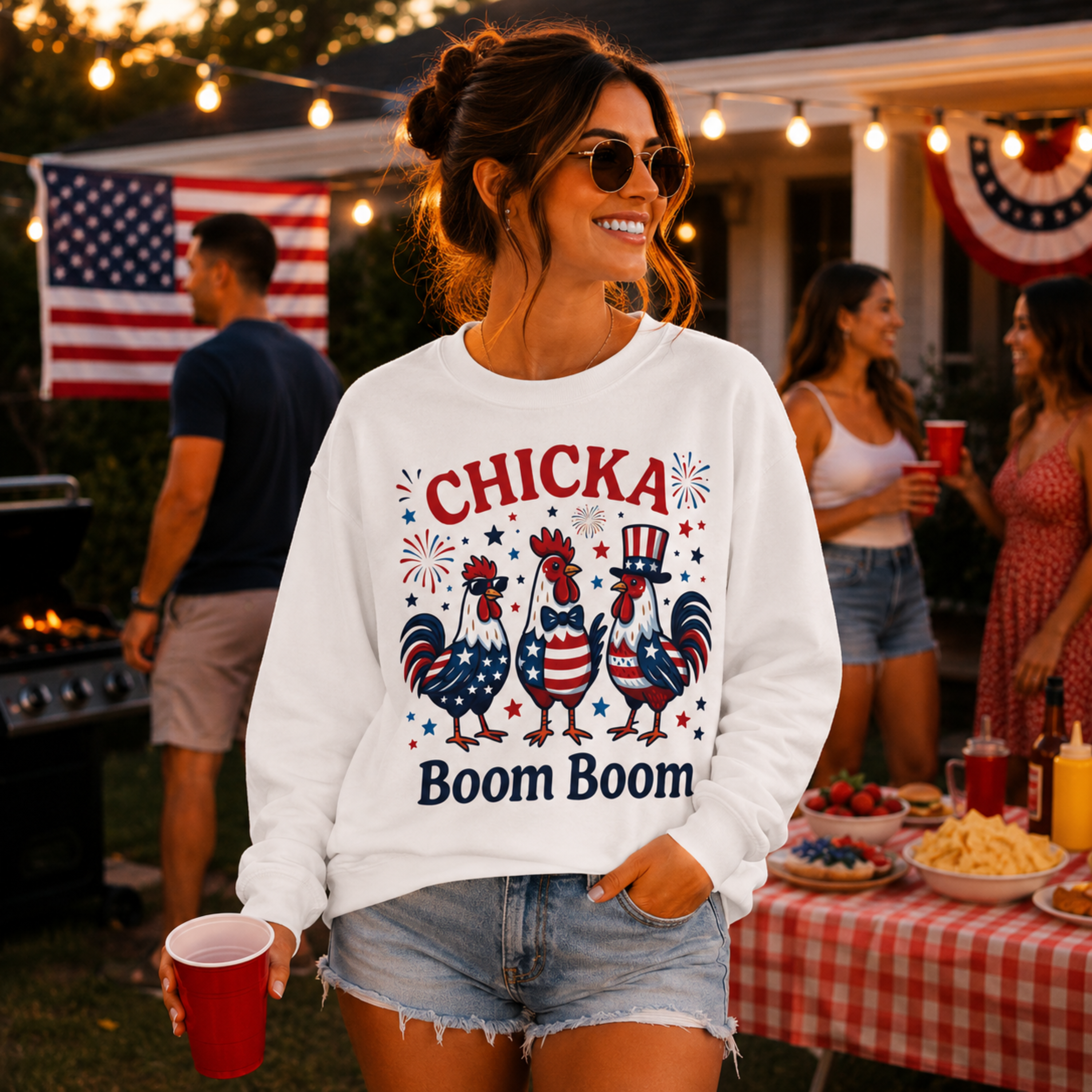 Chicka Boom Boom Unisex Sweatshirt | Funny Patriotic Chicken Shirt | 4th of July Chicken Shirt | Farm Life Independence Day Shirt