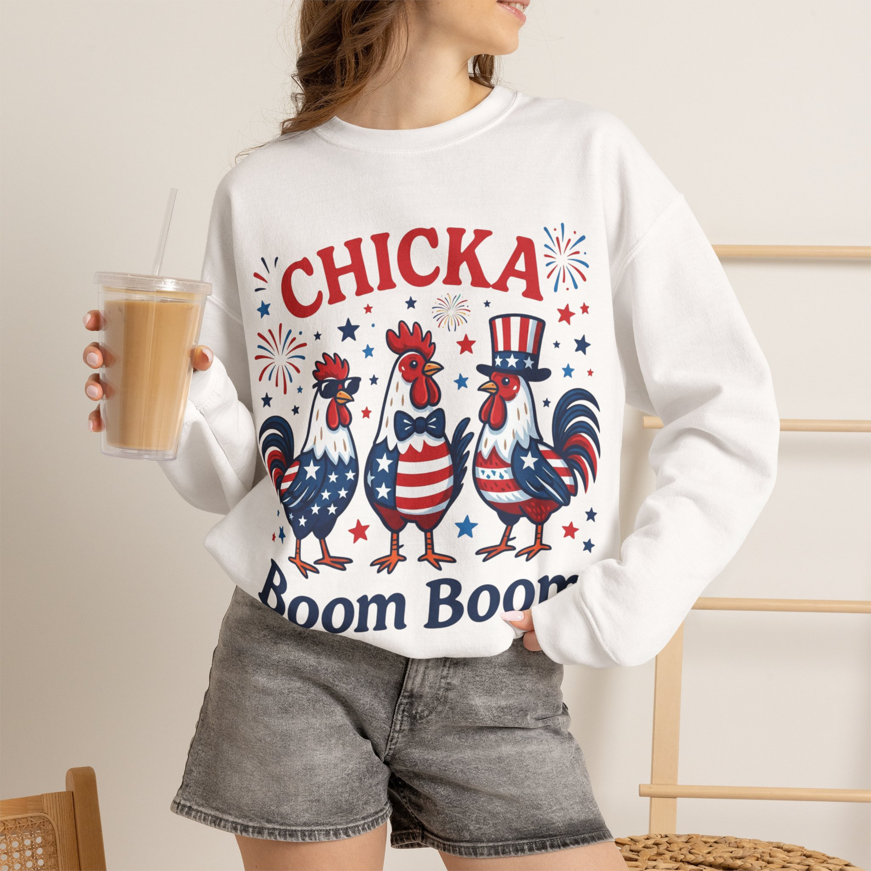 Chicka Boom Boom Unisex Sweatshirt | Funny Patriotic Chicken Shirt | 4th of July Chicken Shirt | Farm Life Independence Day Shirt