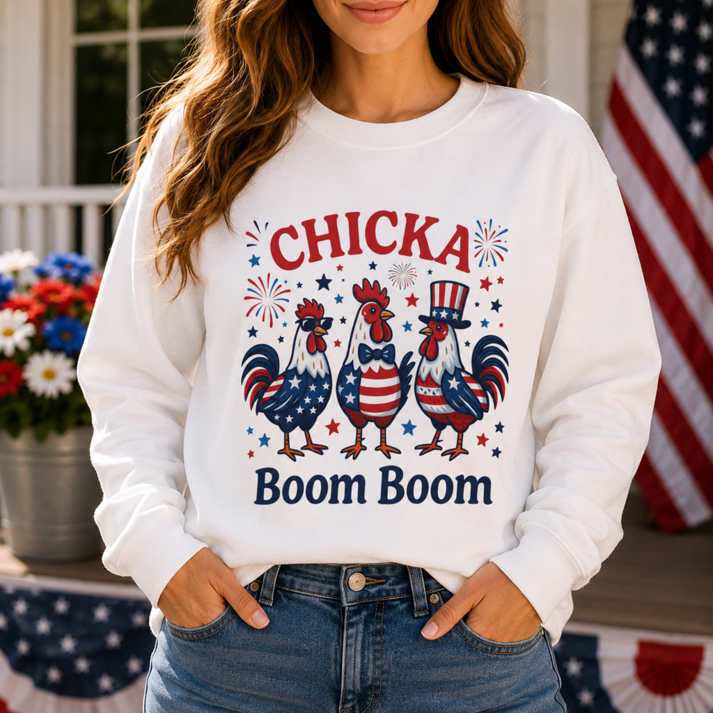 Chicka Boom Boom Unisex Sweatshirt | Funny Patriotic Chicken Shirt | 4th of July Chicken Shirt | Farm Life Independence Day Shirt