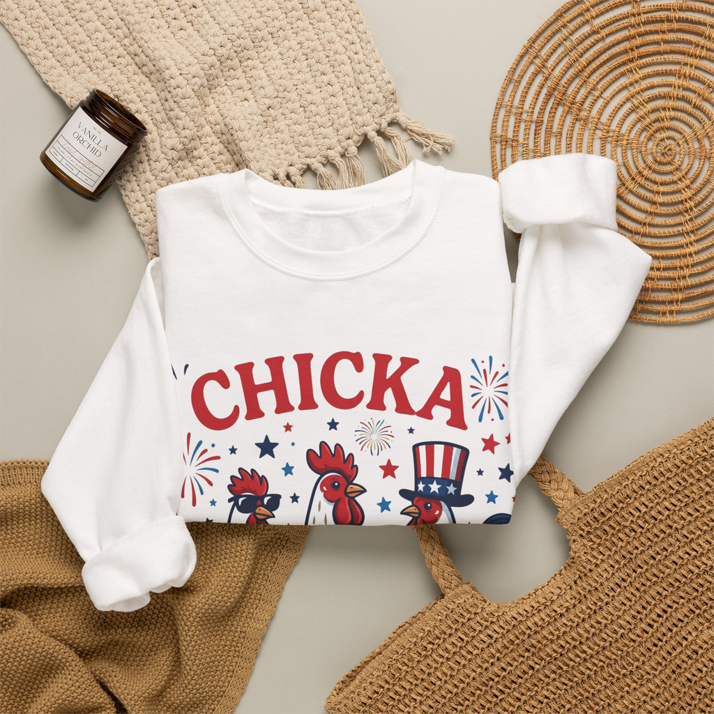 Chicka Boom Boom Unisex Sweatshirt | Funny Patriotic Chicken Shirt | 4th of July Chicken Shirt | Farm Life Independence Day Shirt
