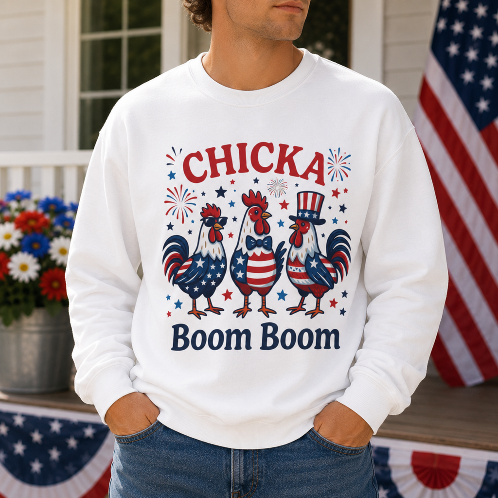 Chicka Boom Boom Unisex Sweatshirt | Funny Patriotic Chicken Shirt | 4th of July Chicken Shirt | Farm Life Independence Day Shirt