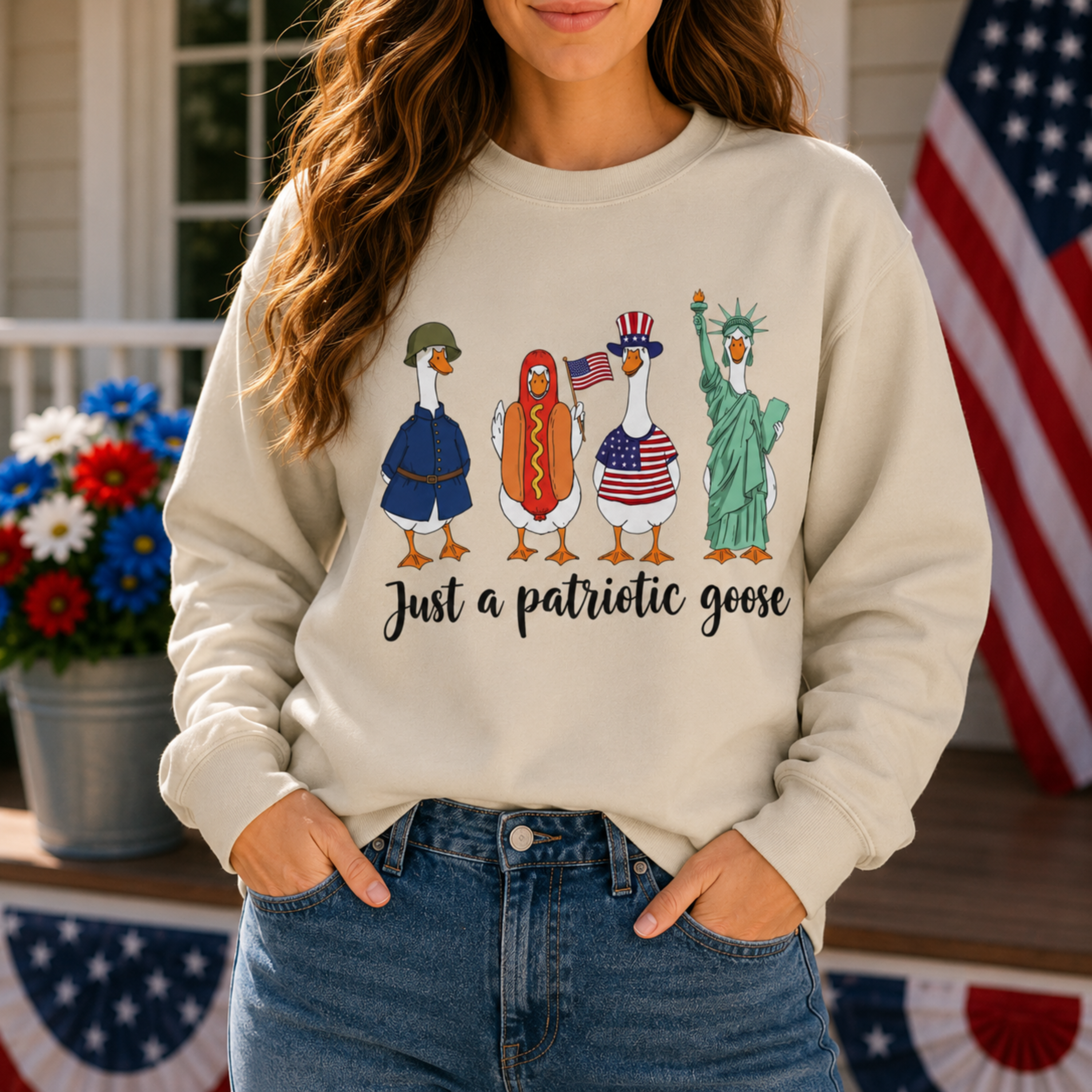 Just A Patriotic Goose Unisex Sweatshirt | Funny Goose Crewneck | Patriotic Goose Gildan 18000 Sweatshirt | 4th of July Sweatshirt
